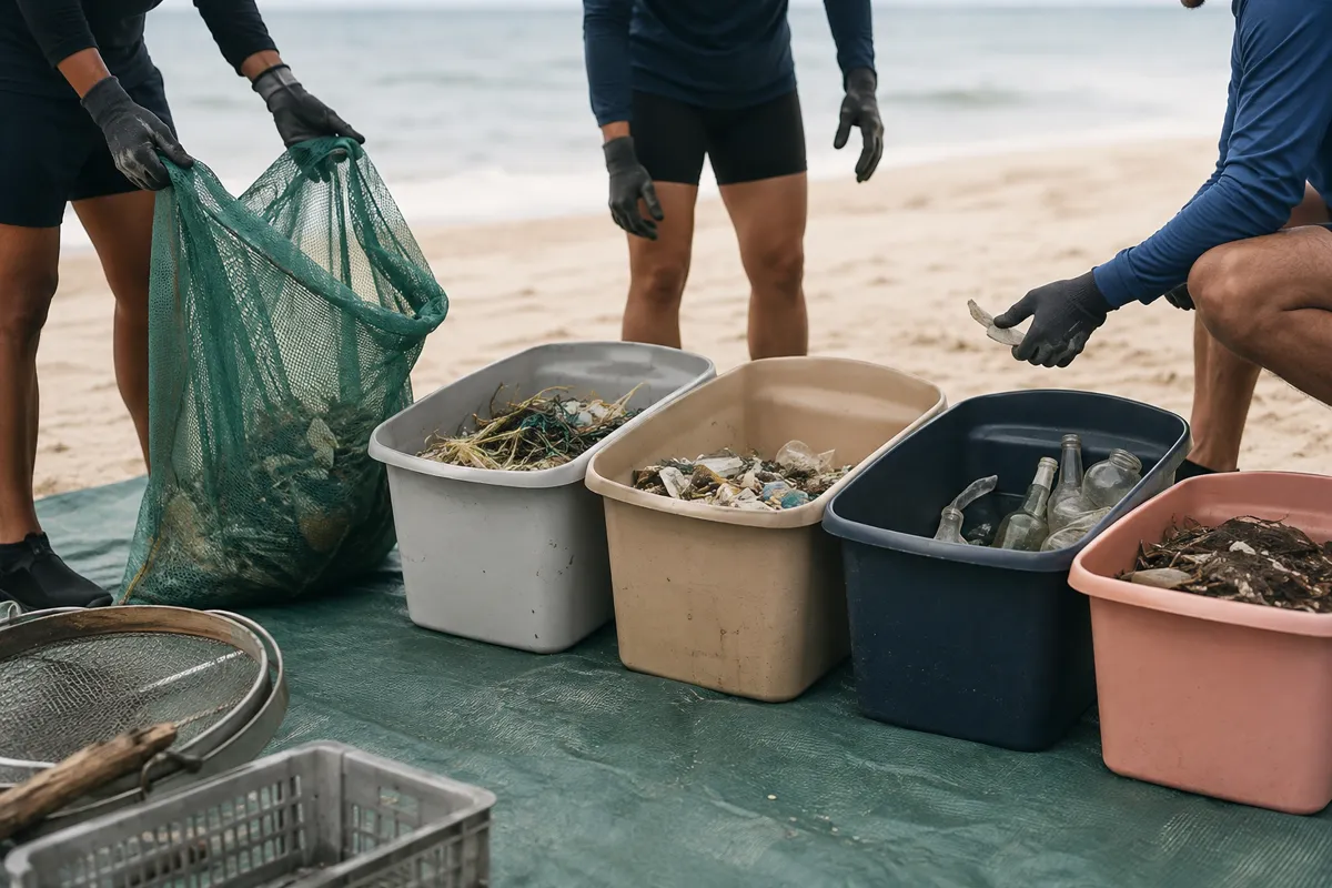 Equipe organizando resíduos coletados em limpeza de praia